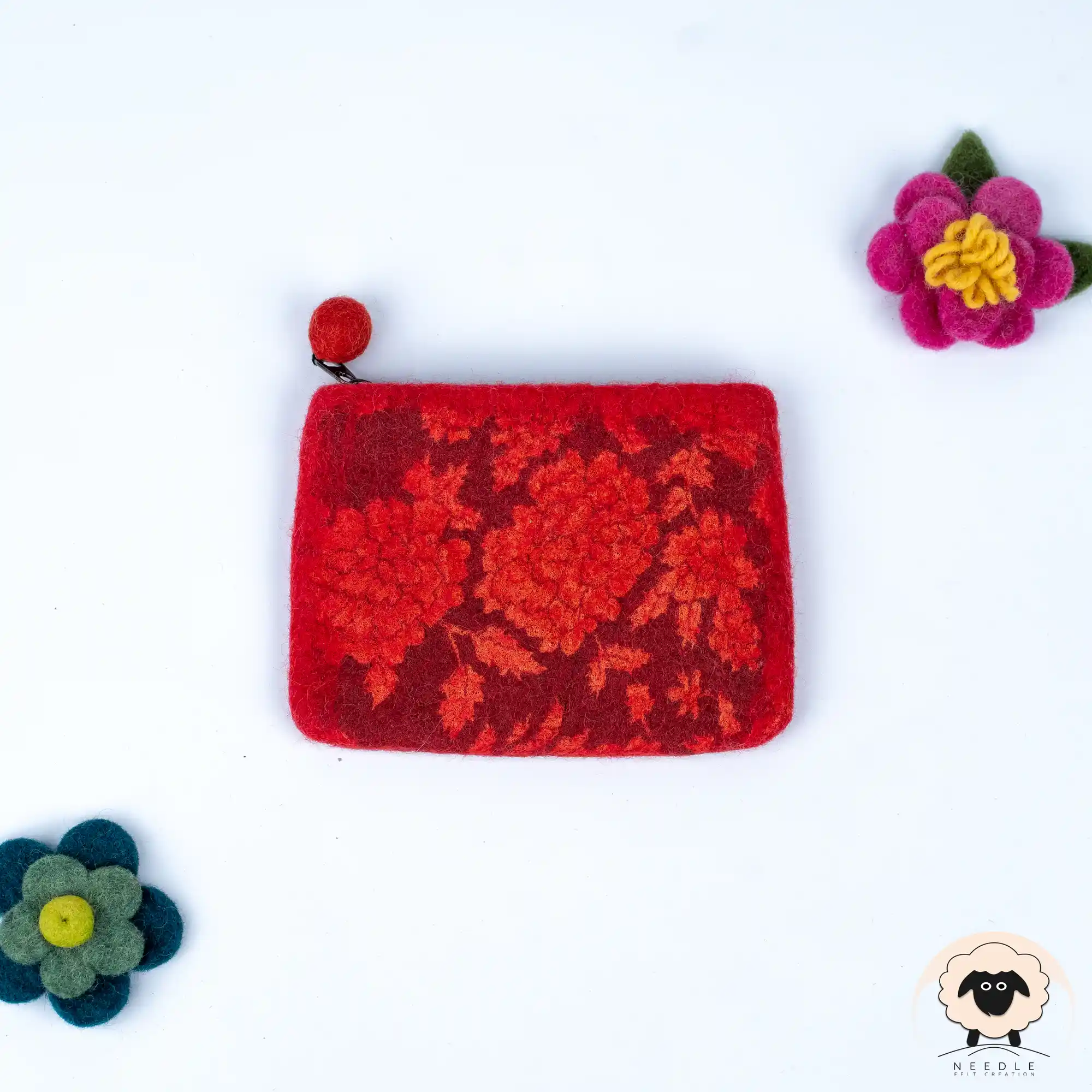 Red Floral Felt Purse – Needle felt Creation red floral felt purse